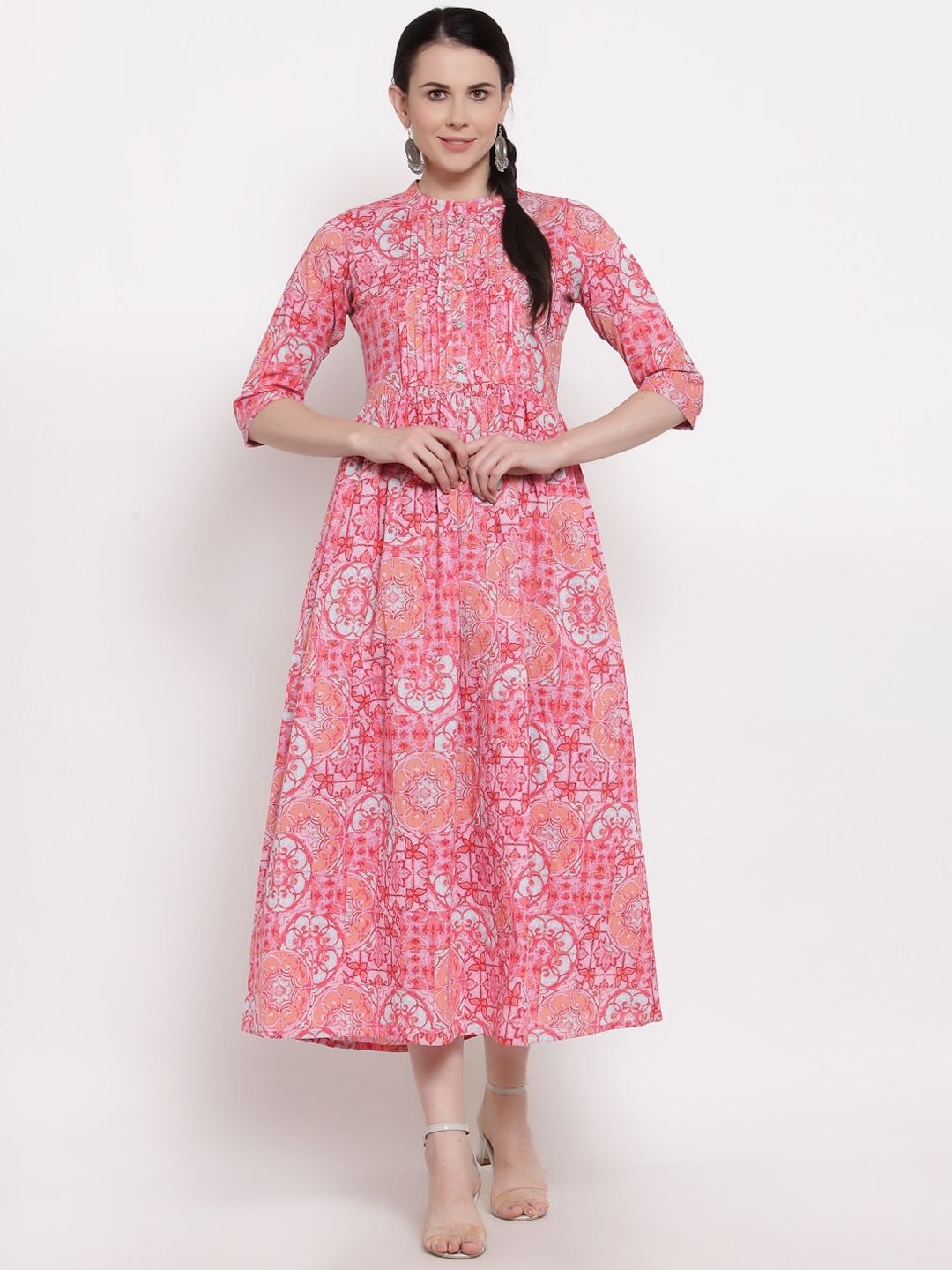 Indibelle Pink & White Ethnic Motifs Ethnic Cotton A-Line Midi Dress Price in India