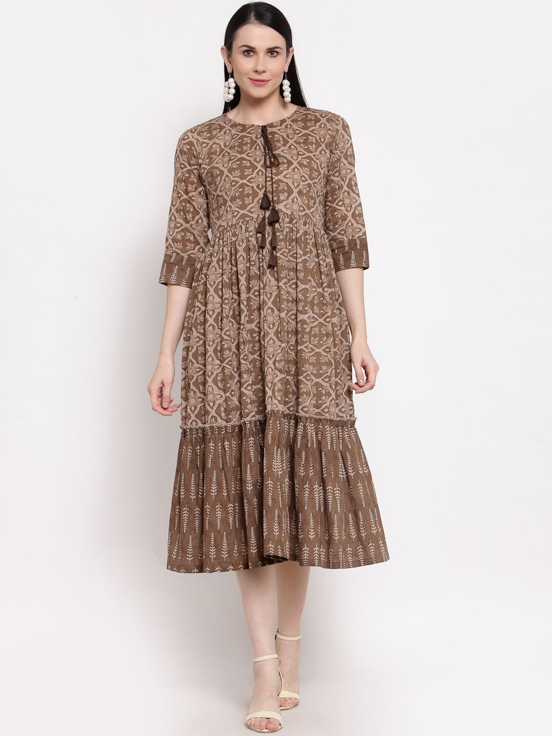Indibelle Brown & Beige Ethnic Motifs Tie-Up Neck Cotton Ethnic A-Line Midi Dress Price in India