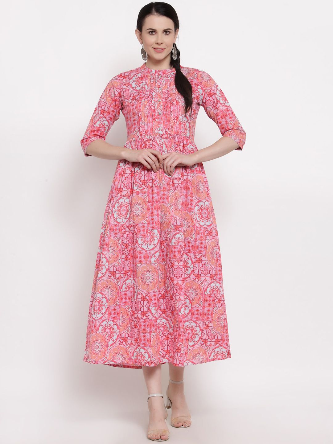 Indibelle Pink & White Ethnic Motifs Cotton Ethnic A-Line Midi Dress Price in India