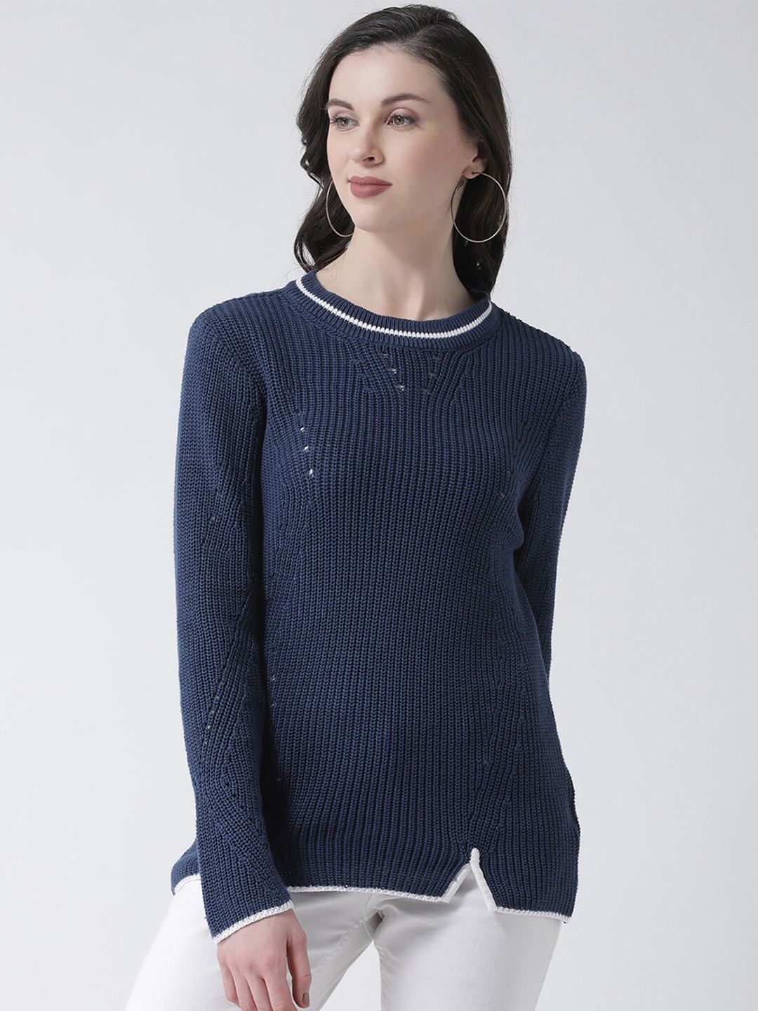 Club York Women Blue & White Ribbed Pullover Price in India