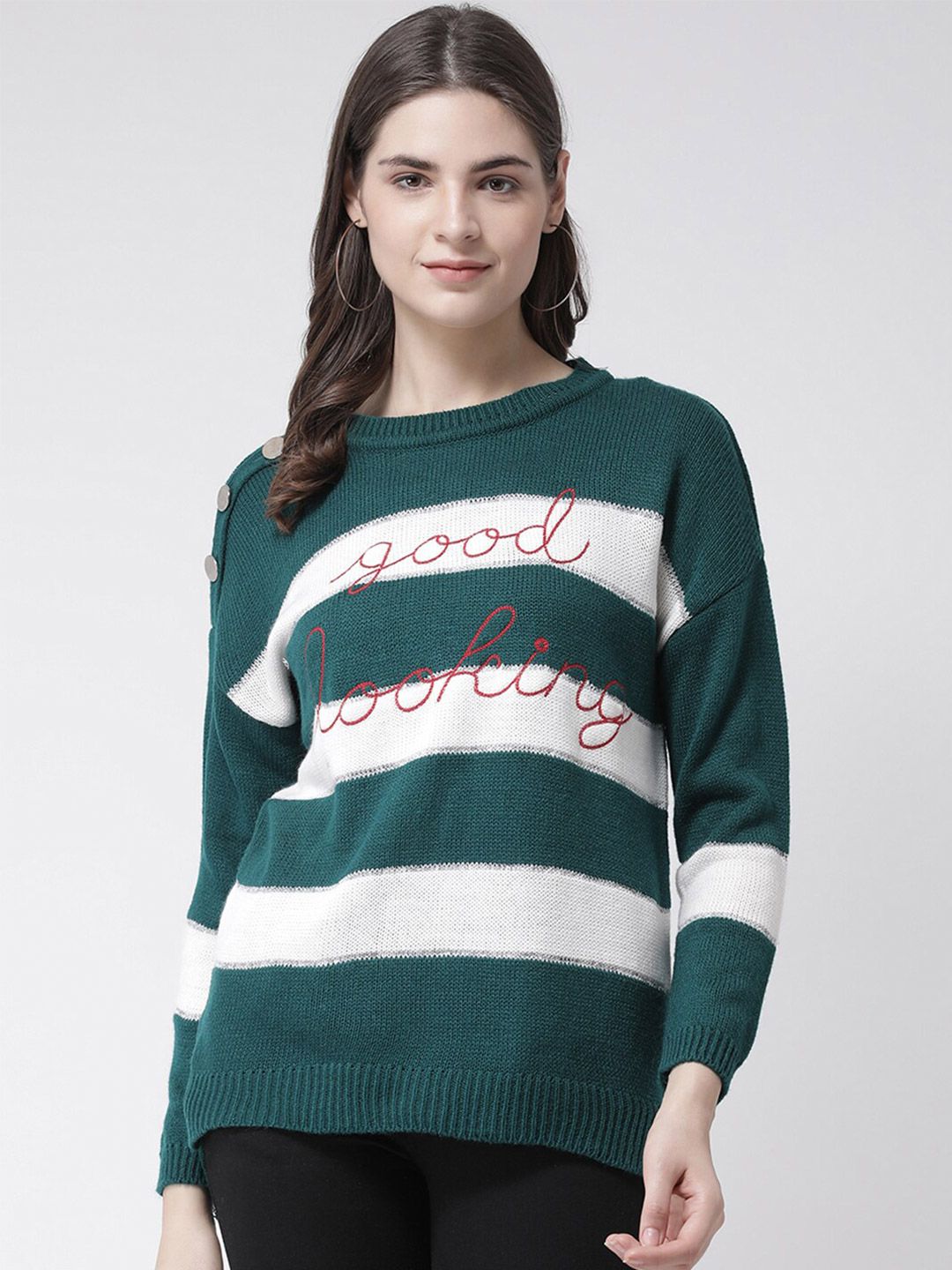 Club York Women Green & White Striped Pullover Price in India