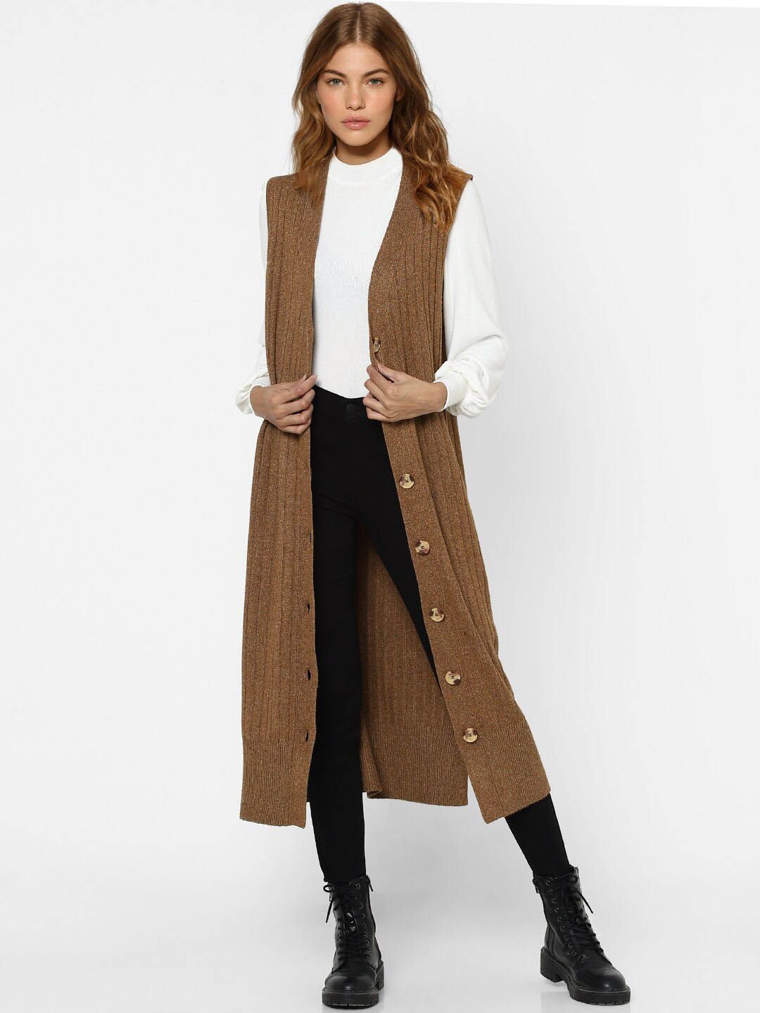 ONLY Women Brown Solid Longline Shrug Price in India