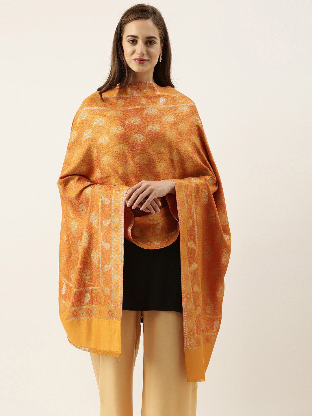 Pashmoda Yellow & Gold-Tone Woven Design Stole Price in India