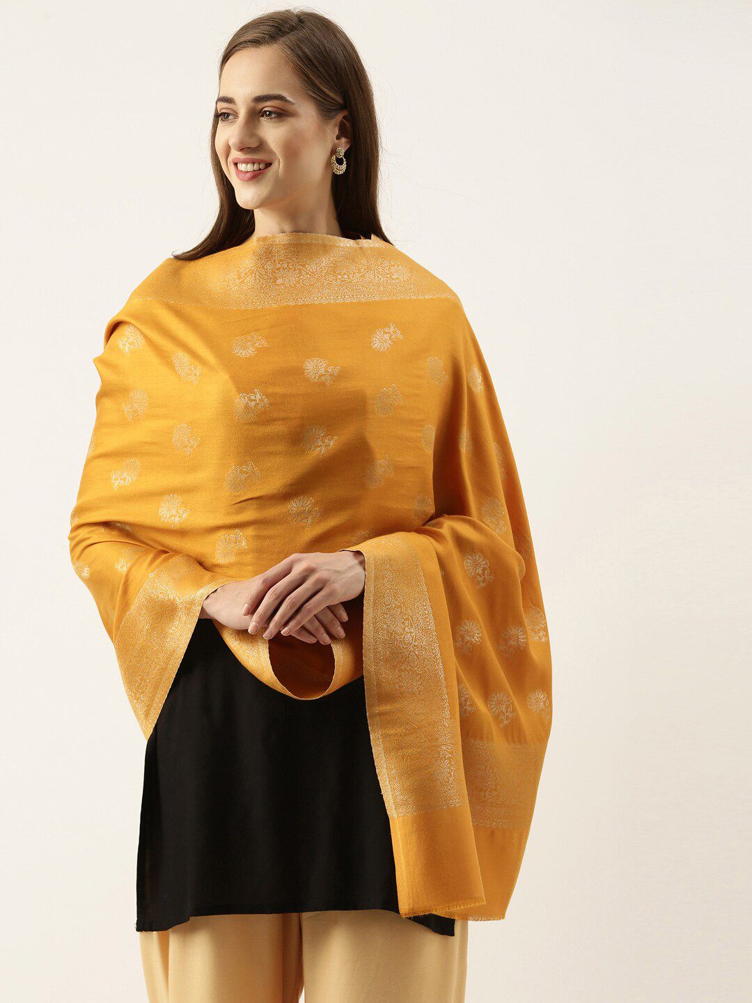 Pashmoda Women Yellow & Gold-Toned Woven Design Stole Price in India