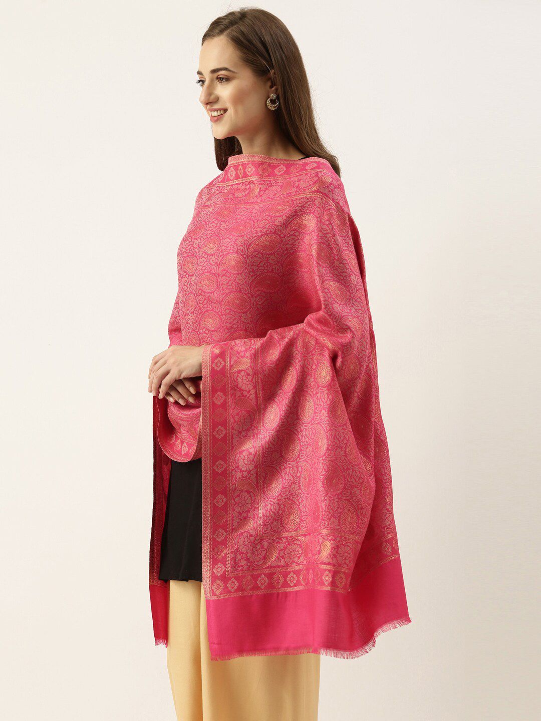 Pashmoda Women Pink & Beige Woven Design Stole Price in India