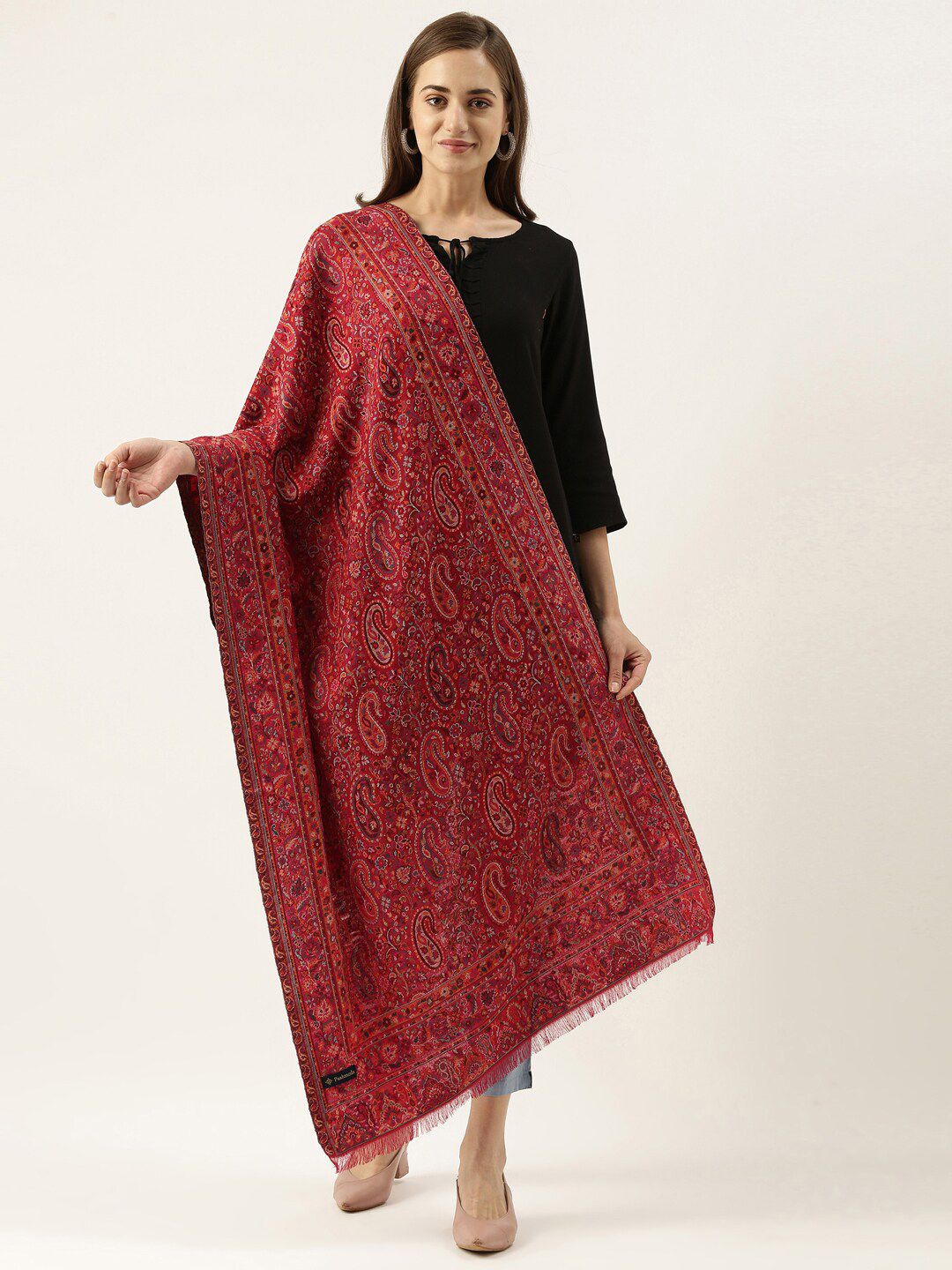 Pashmoda Women Red & Blue Woven Design Wool Stole Price in India