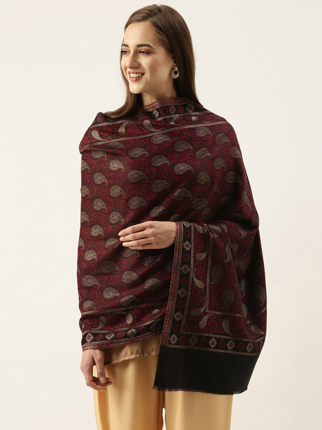 Pashmoda Women Black & Maroon Woven Design Stole Price in India