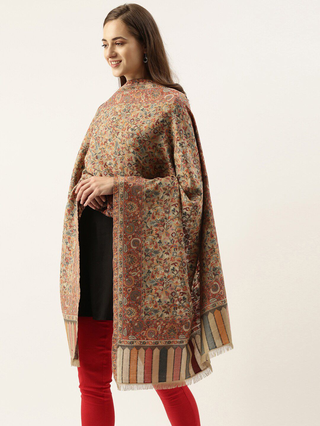 Pashmoda Women Beige & Red Woven Design Stole Price in India