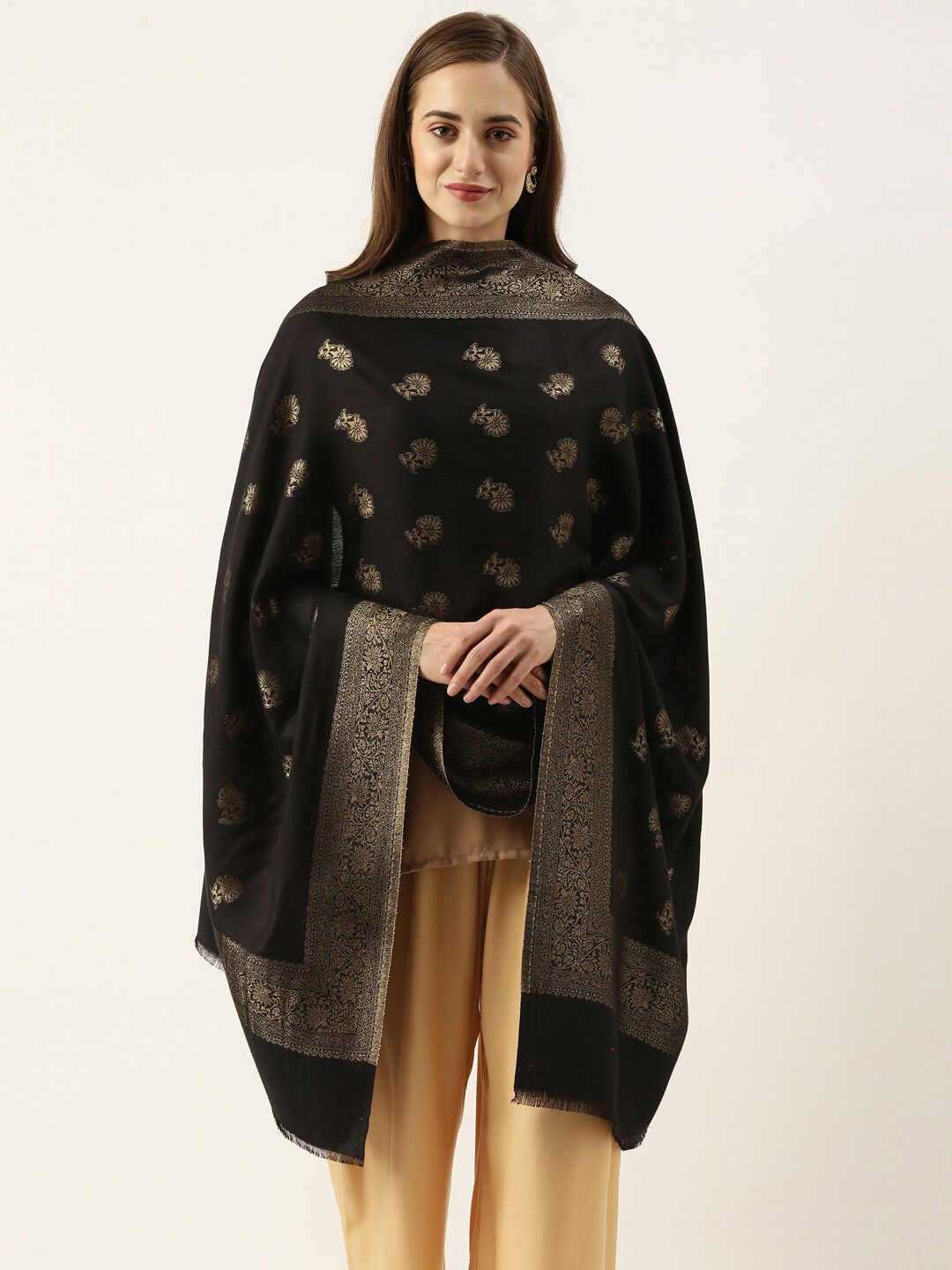 Pashmoda Women Black & Gold-Toned Woven Design Stole Price in India