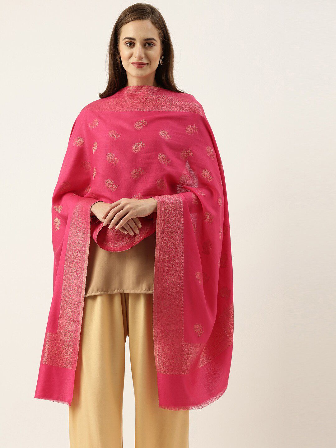 Pashmoda Women Pink & Gold-Toned Woven Design Stole Price in India