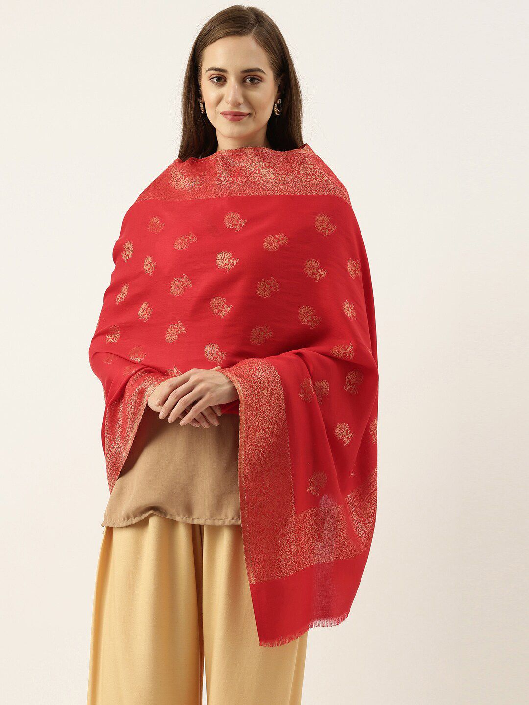 Pashmoda Women Red & Gold-Toned Woven Design Stole Price in India