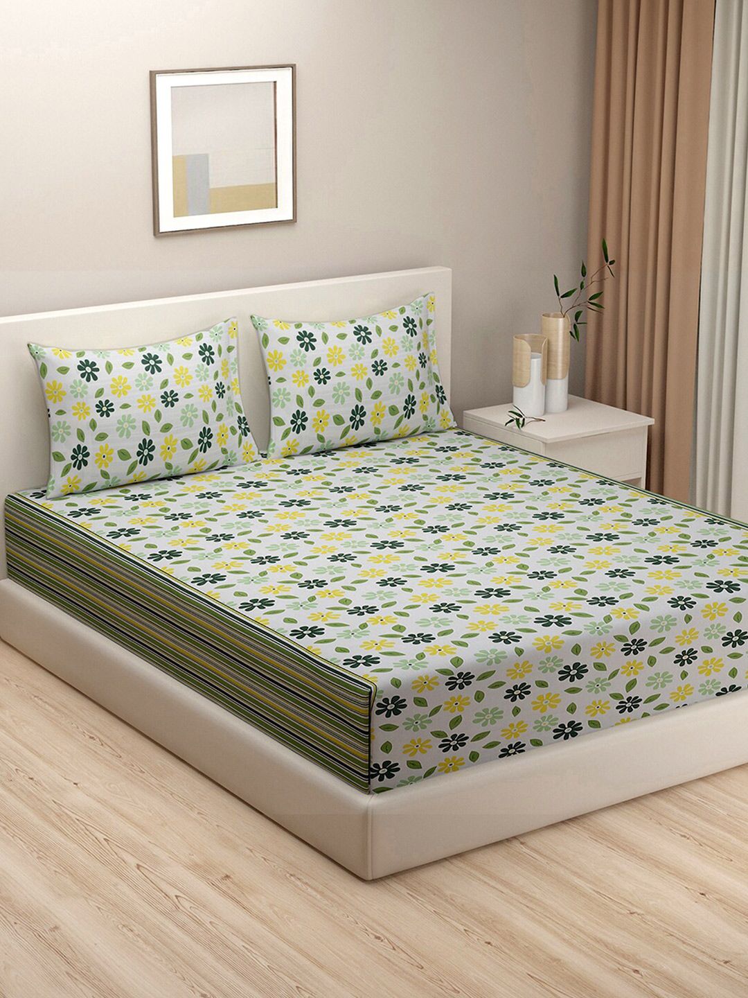 SWAYAM White & Yellow Floral Printed 144 TC King Bedsheet with 2 Pillow Covers Price in India