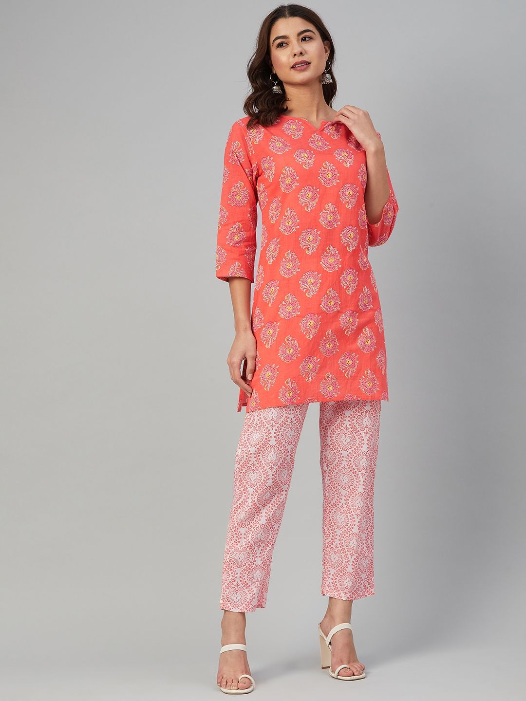 Yuris Women Peach-Coloured & Off White Printed Tunic with Trousers Price in India