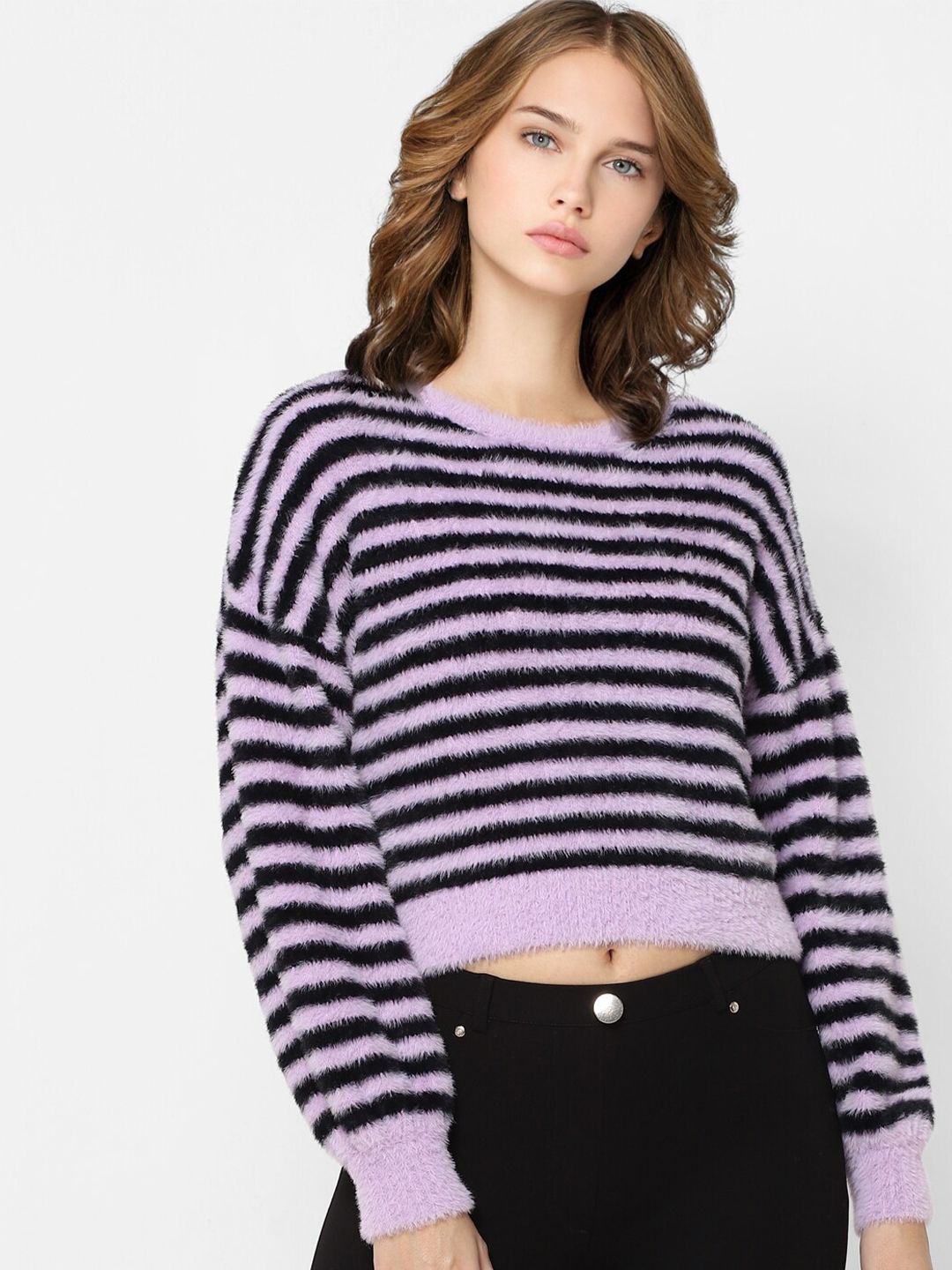ONLY Women Purple & Black Striped Crop Pullover Price in India