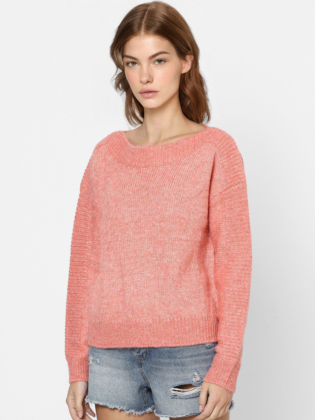 ONLY Women Coral Orange Striped Acrylic Pullover Price in India