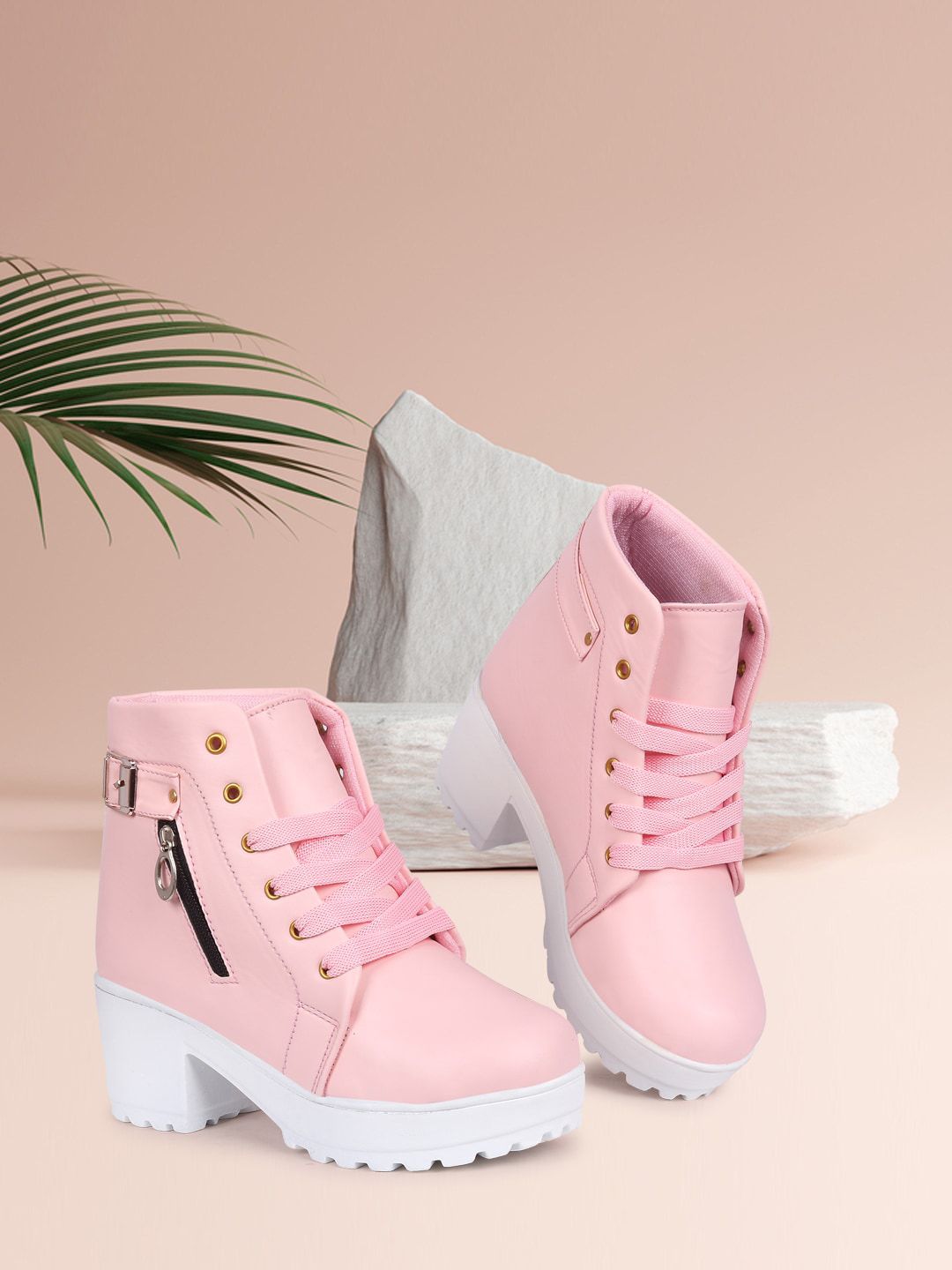 TWIN TOES Pink & White Platform Heeled Boots with Laser Cuts Price in India