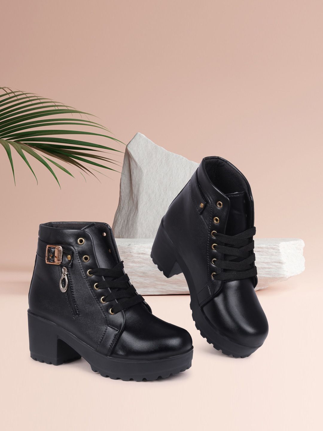 TWIN TOES Women Black Block Heeled Boots Price in India