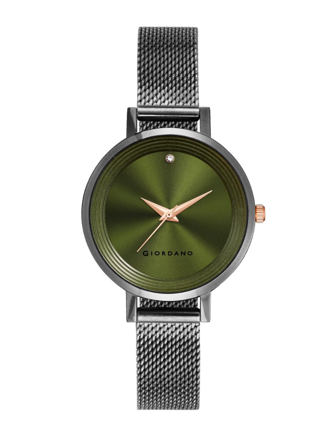 GIORDANO Women Green Brass Embellished Dial & Gunmetal Toned Bracelet Style Straps Analogue Watch Price in India