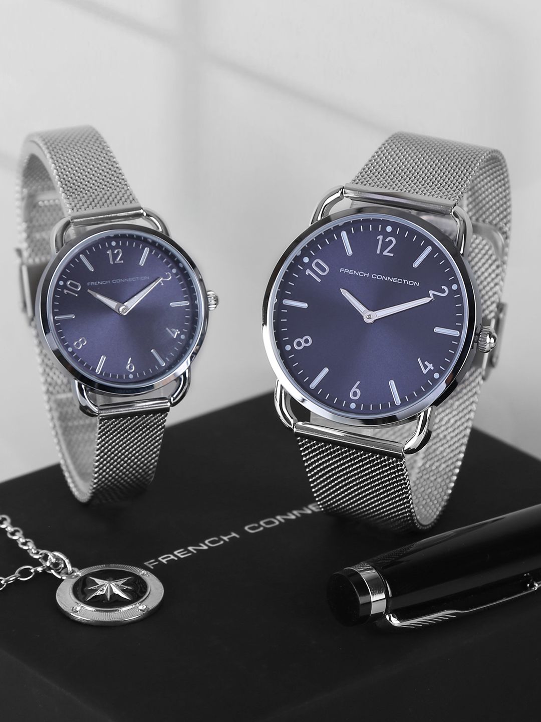 French Connection Blue Dial & Silver Toned Stainless Couple Watch Price in India