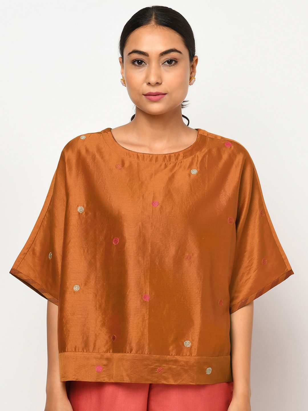 Fabindia Rust Geometric Embroidered Extended Sleeves Boxy Top Price in India
