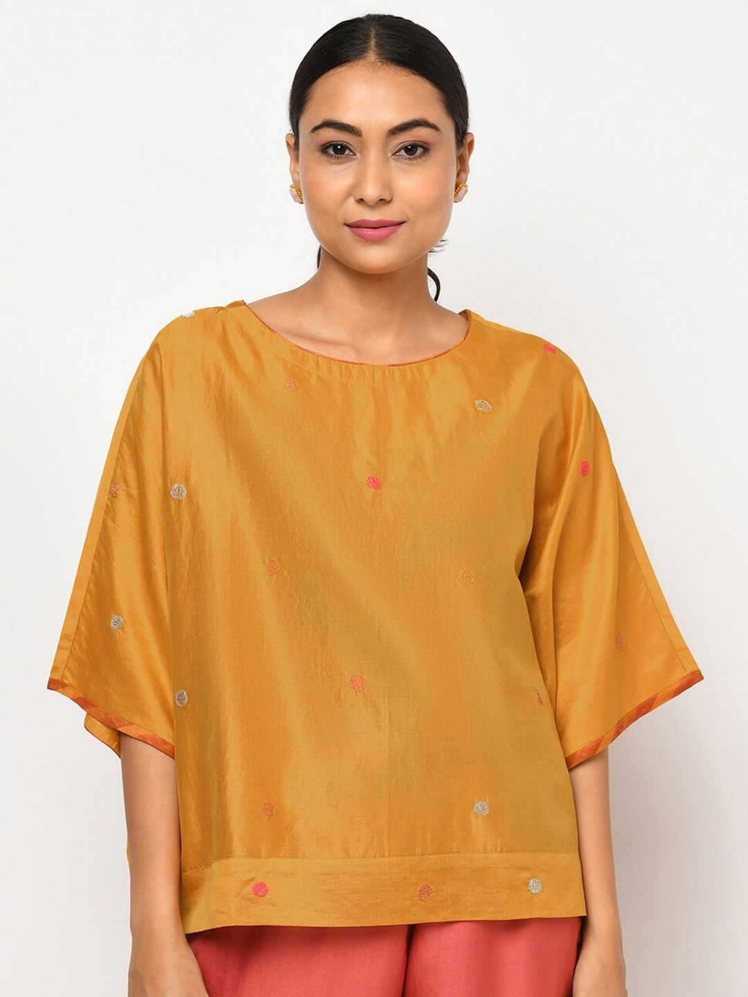 Fabindia Mustard Yellow & Silver-Toned Extended Sleeves A-Line Top Price in India