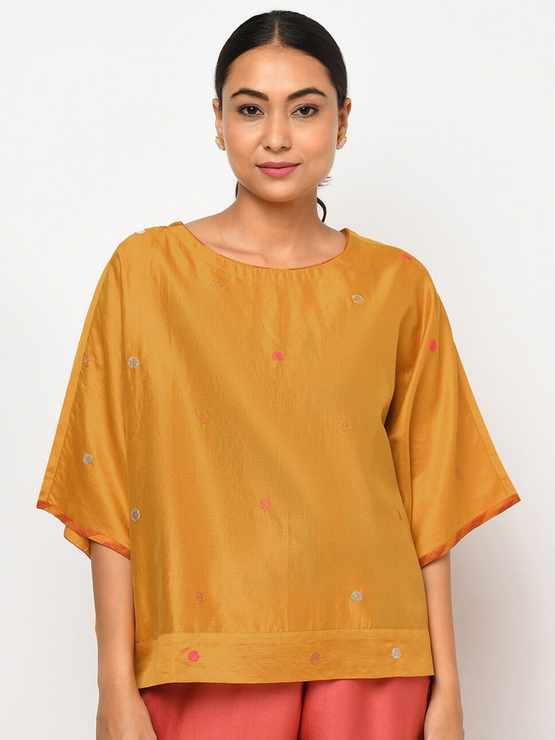 Fabindia Mustard Yellow Geometric Embroidered Extended Sleeves Regular Top Price in India