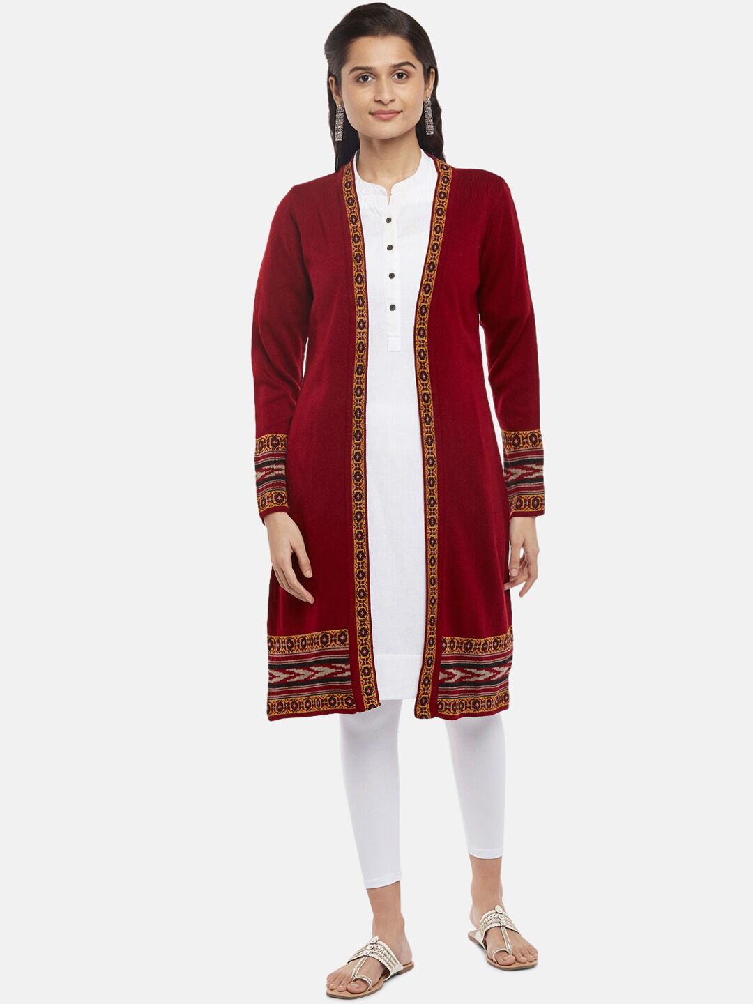 RANGMANCH BY PANTALOONS Women Red Geometric Acrylic Longline Open Front Jacket Price in India