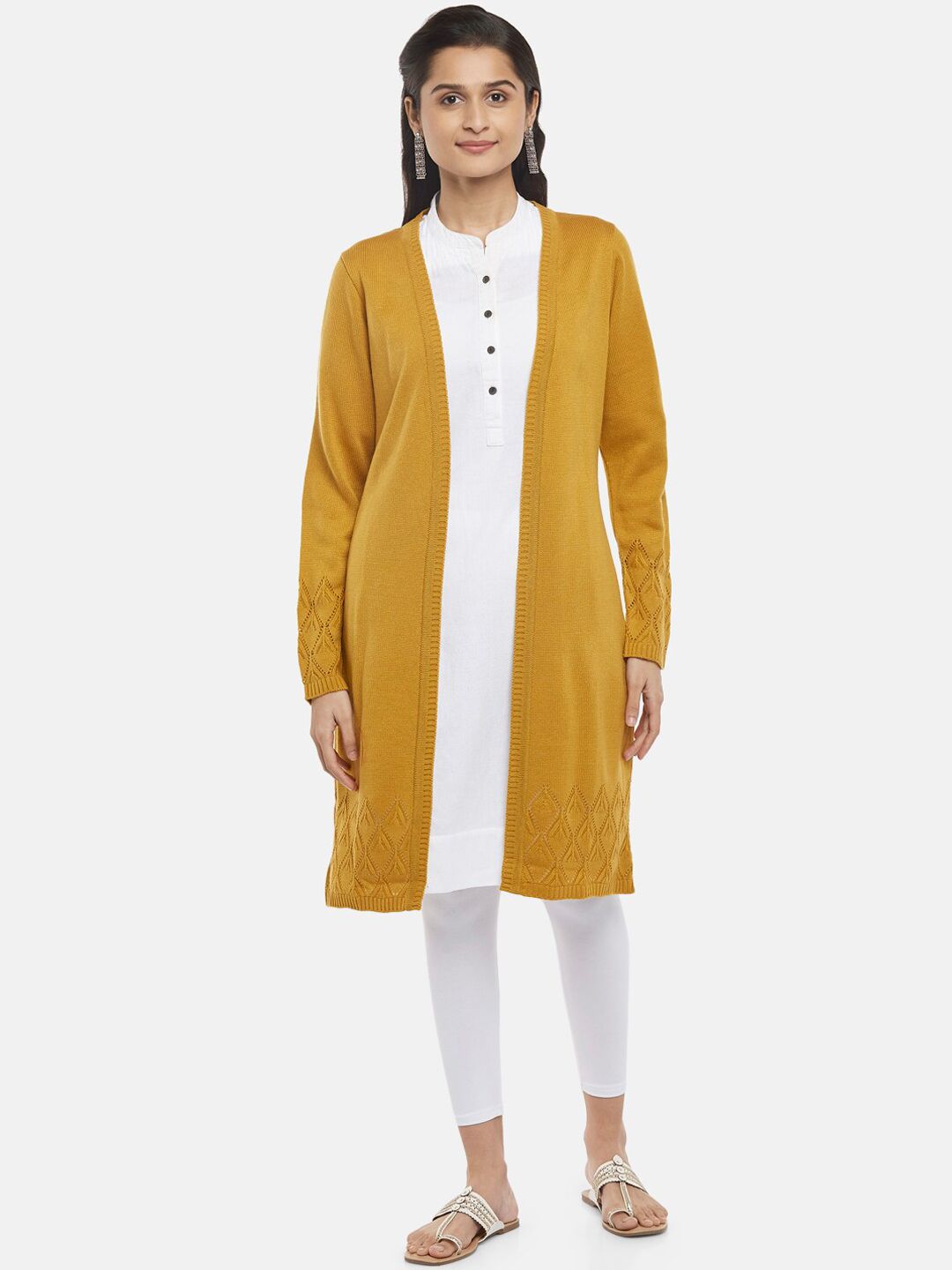 RANGMANCH BY PANTALOONS Women Mustard Acrylic Longline Open Front Jacket Price in India