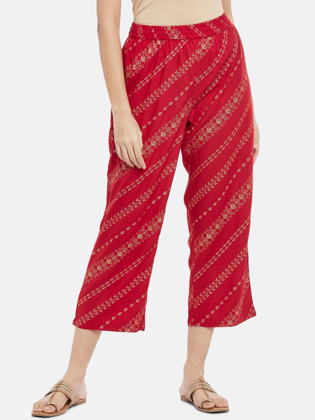 RANGMANCH BY PANTALOONS Women Red & Gold-Toned Floral Striped Cropped Ethnic Palazzos Price in India