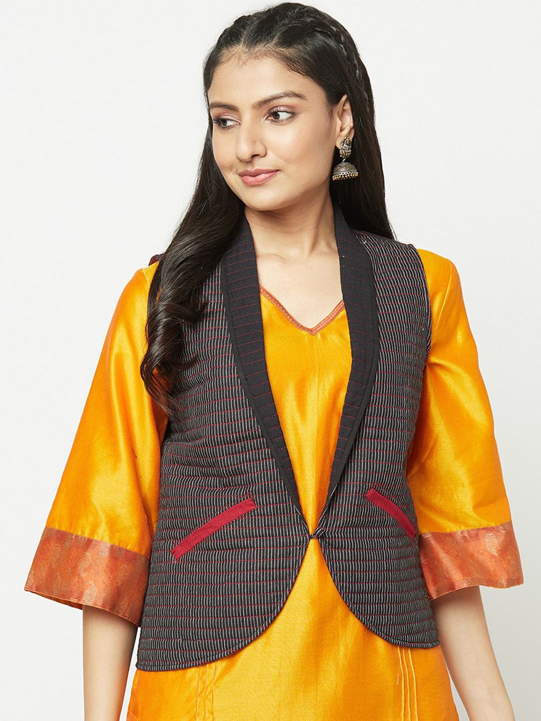 Fabindia Women Black Checked Crop Tailored Jacket Price in India