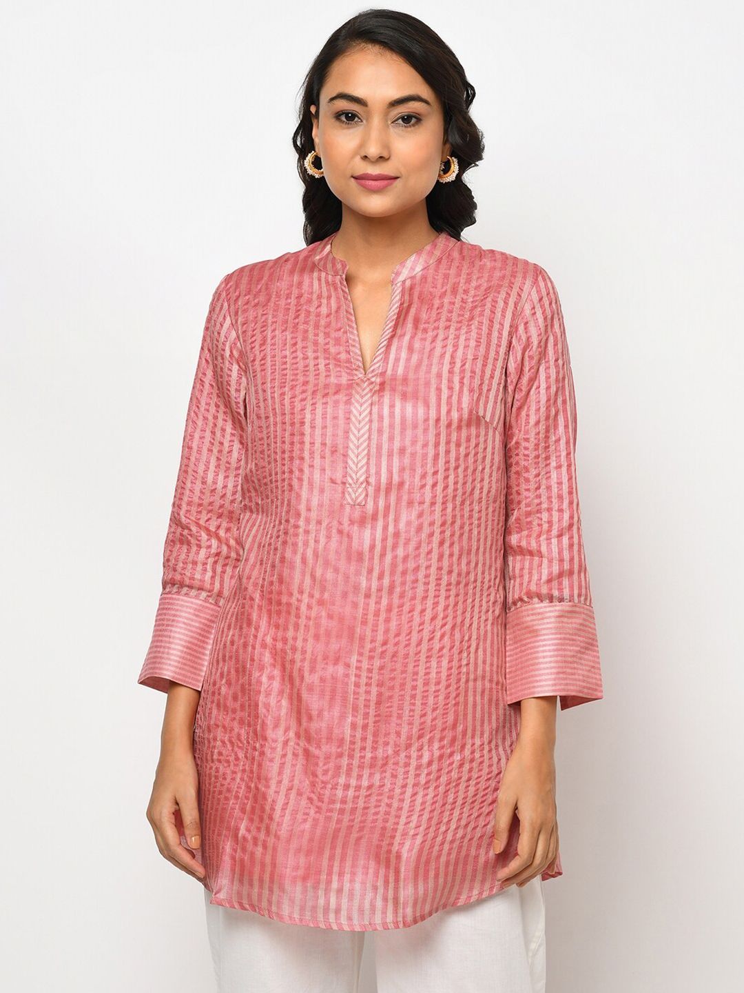 Fabindia Pink & Beige Mandarin Collar Striped Tunic Price in India