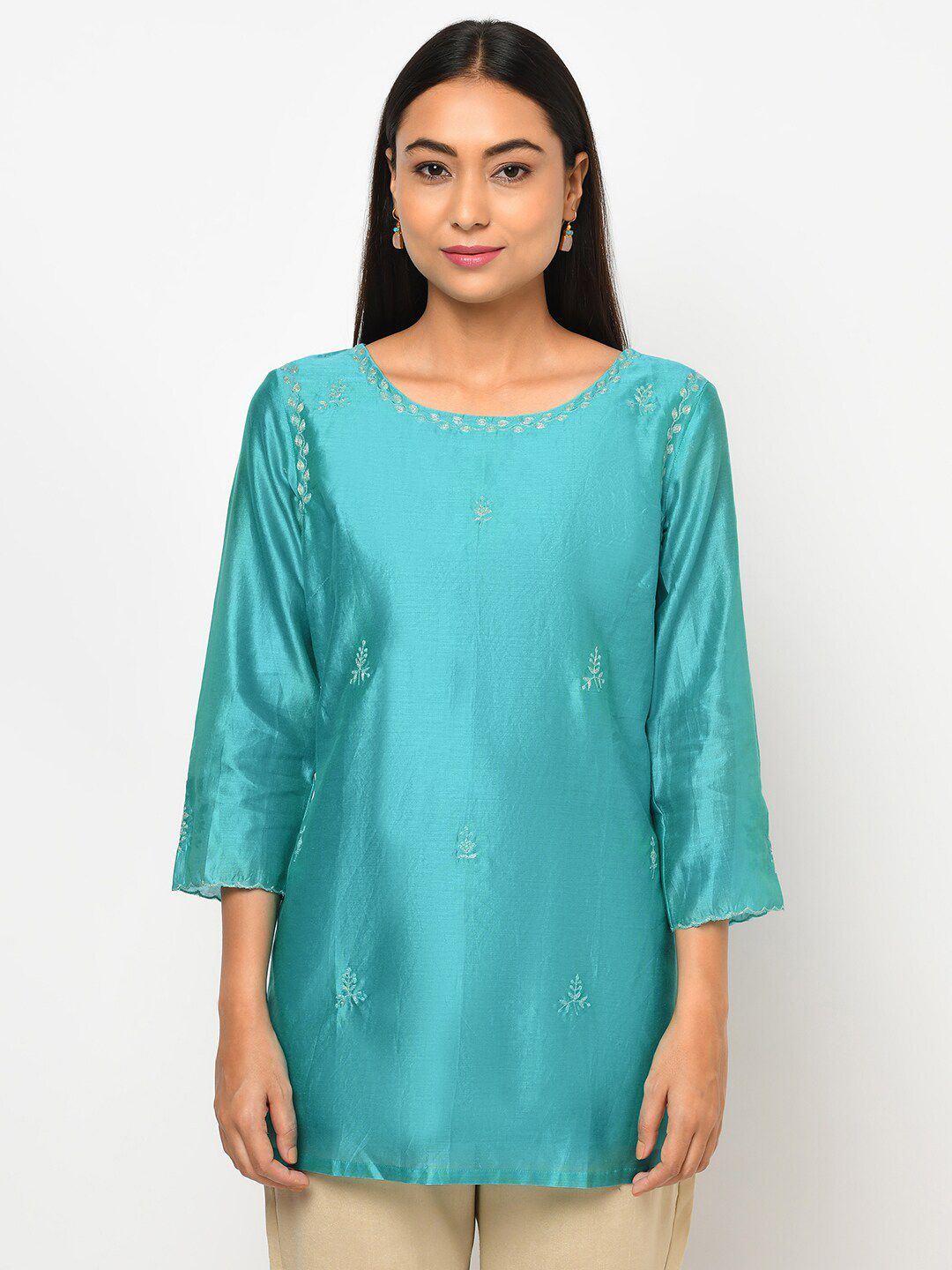 Fabindia Women Blue Embroidered Straight Tunic Price in India