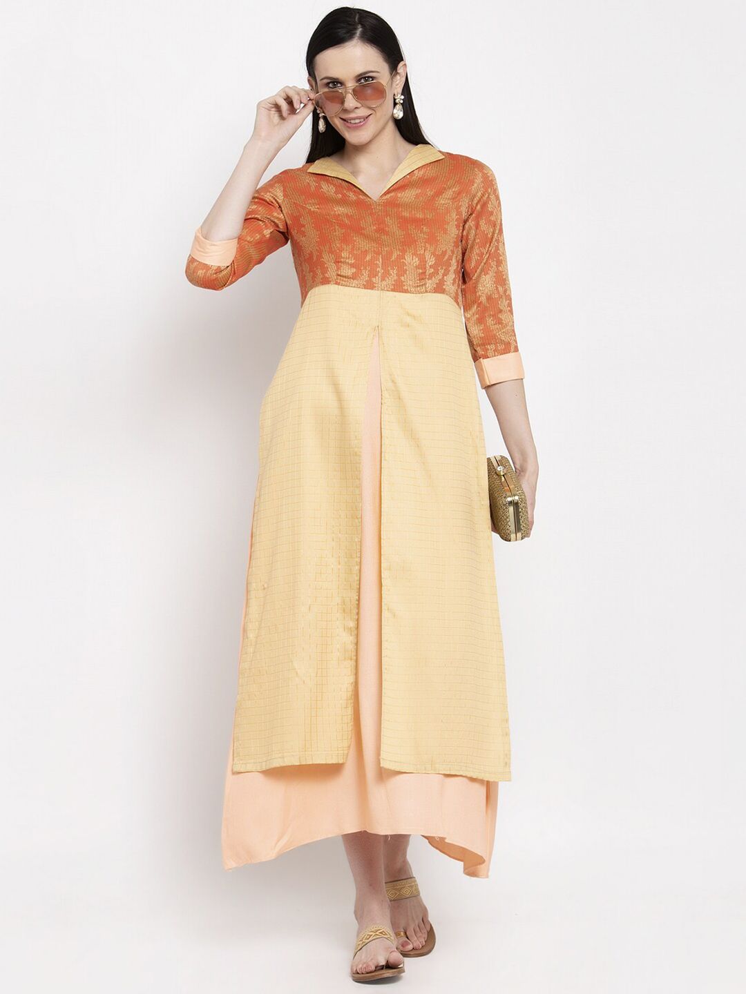 DUGRI BE THE ONE Gold-Toned Floral A-Line Midi Dress Price in India