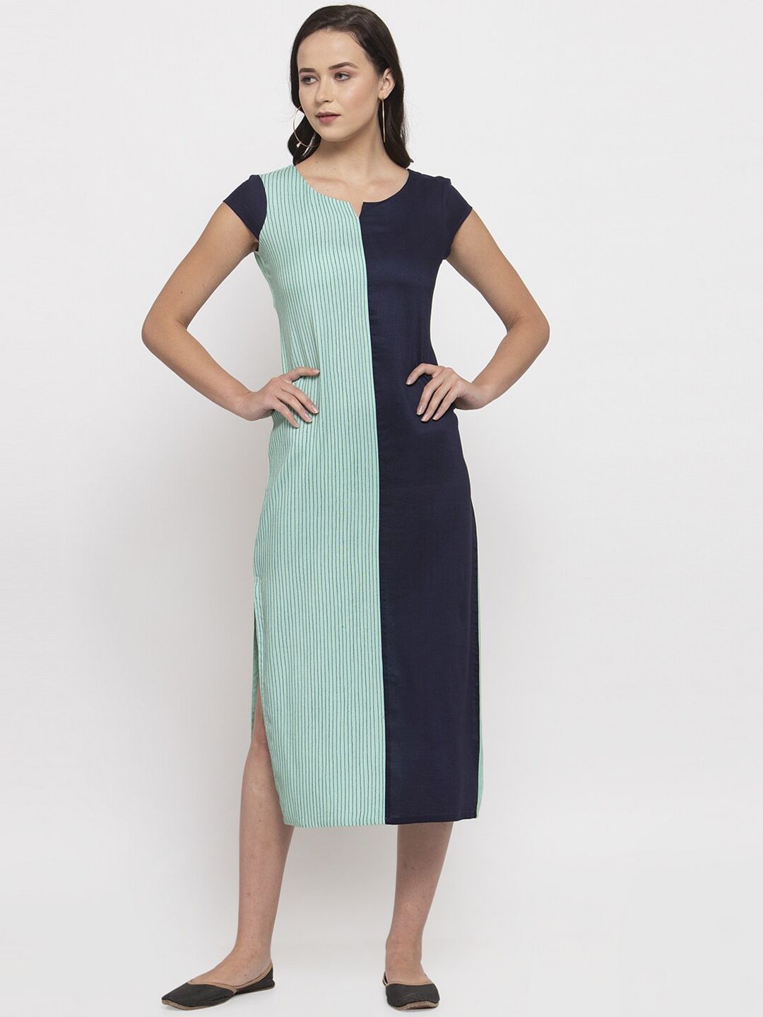DUGRI BE THE ONE Blue Colourblocked A-Line Midi Dress Price in India