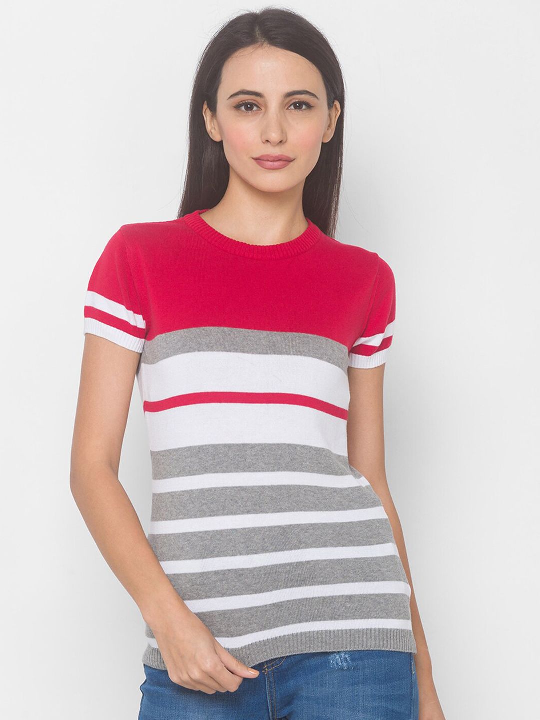 Globus Women Red Striped Half Sleeves Sweatshirt Price in India