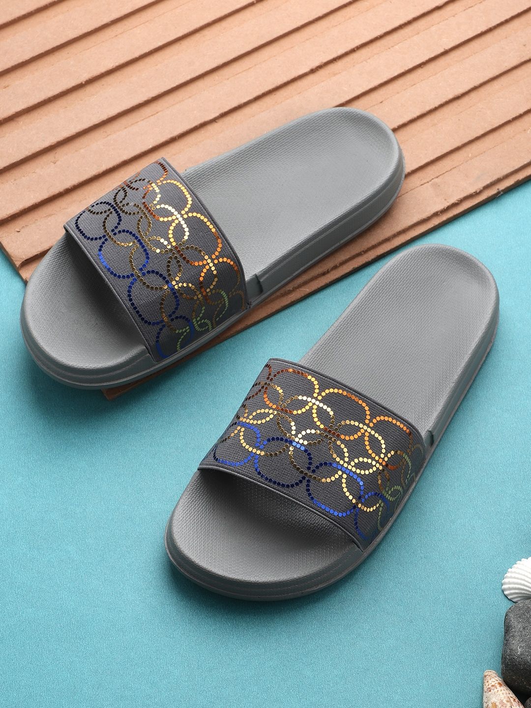 Pampy Angel Women Grey & Blue Embellished Rubber Sliders Price in India