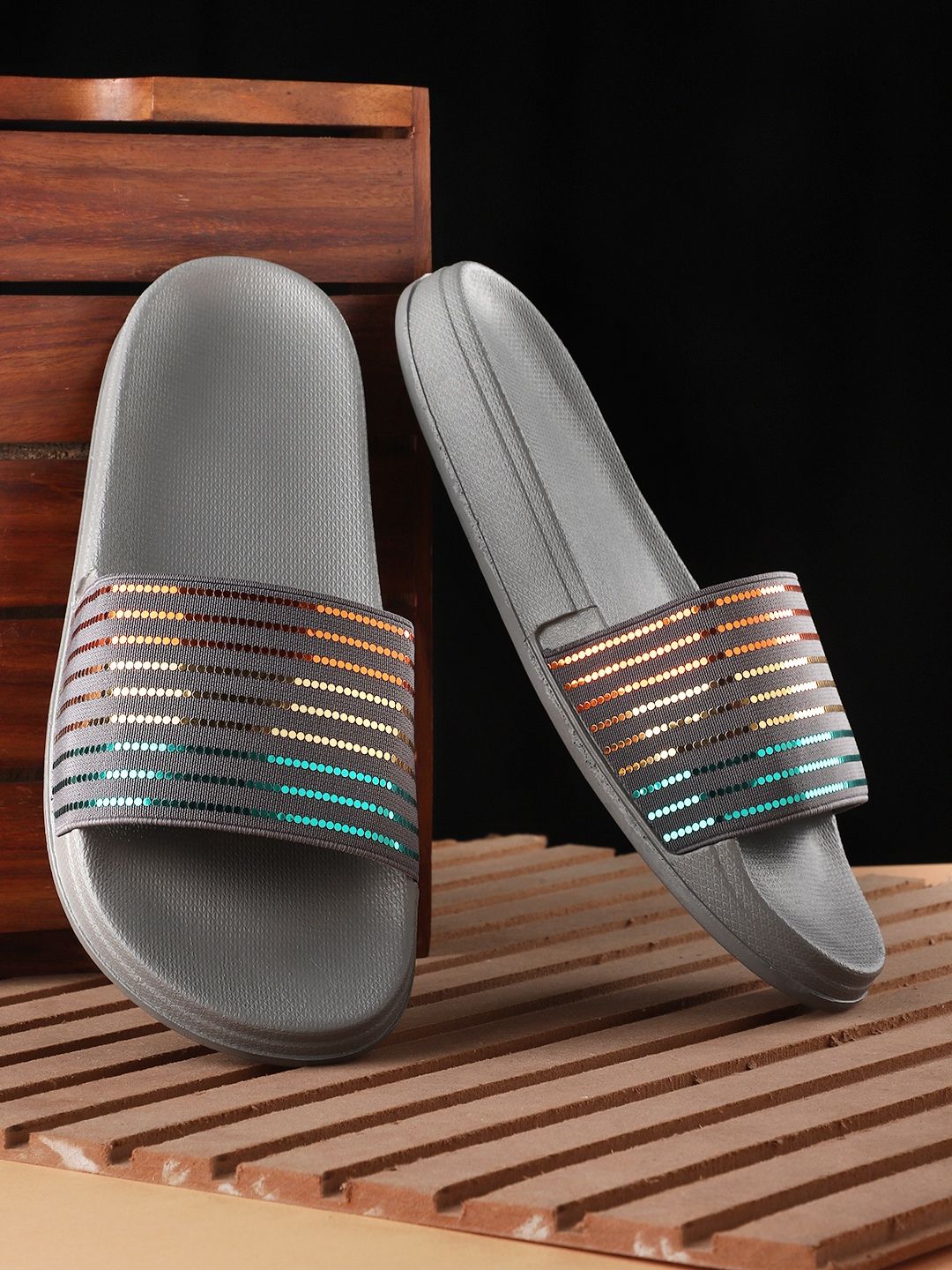 Pampy Angel Women Grey & Green Striped Rubber Sliders Price in India