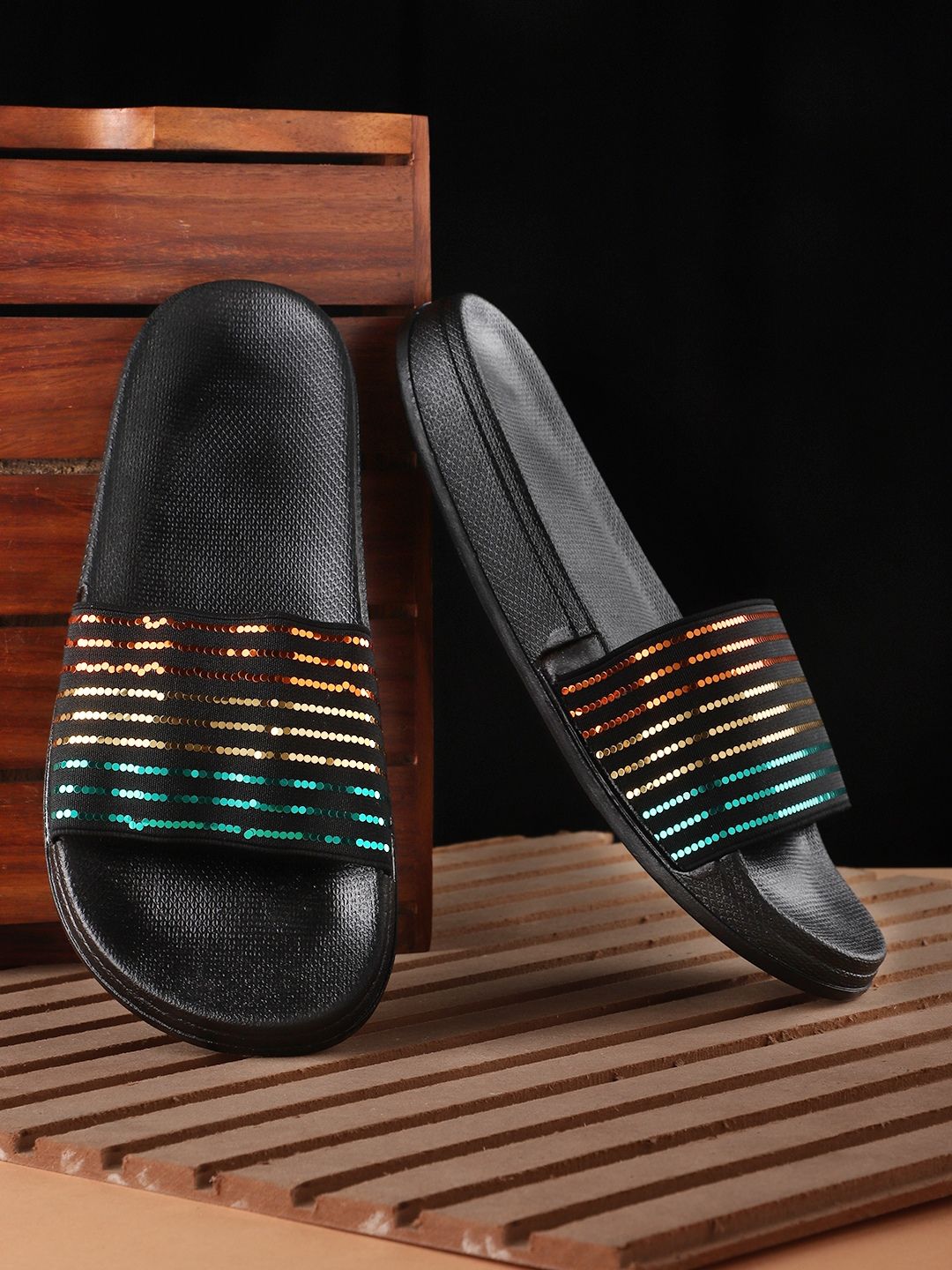 Pampy Angel Women Black & Blue Striped Rubber Sliders Price in India