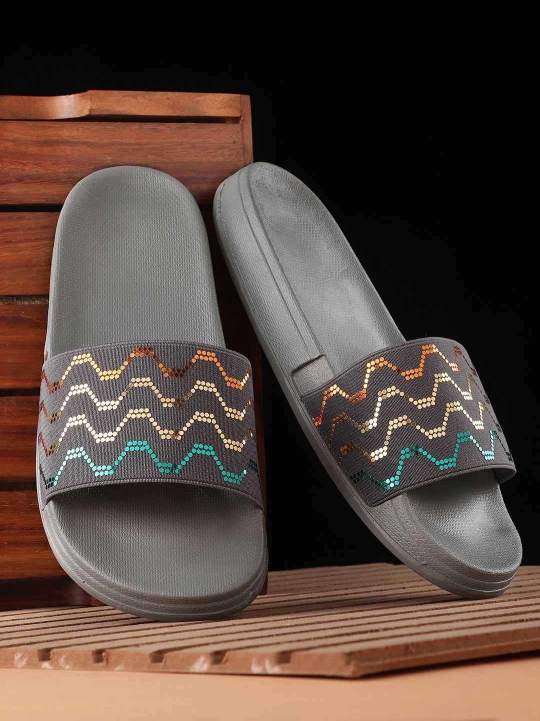 Pampy Angel Women Grey Printed Sliders Price in India