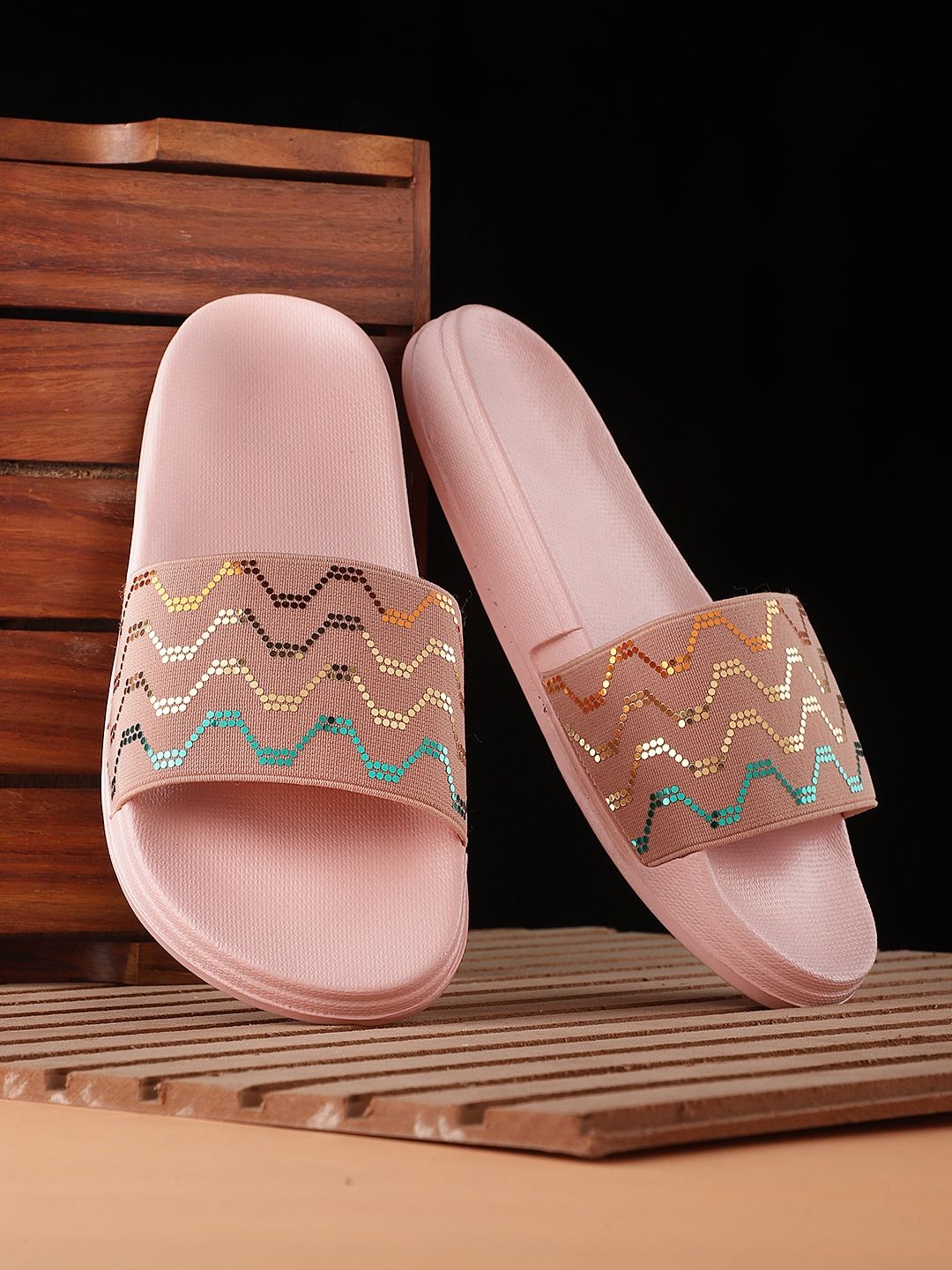 Pampy Angel Women Pink & Green Printed Rubber Sliders Price in India