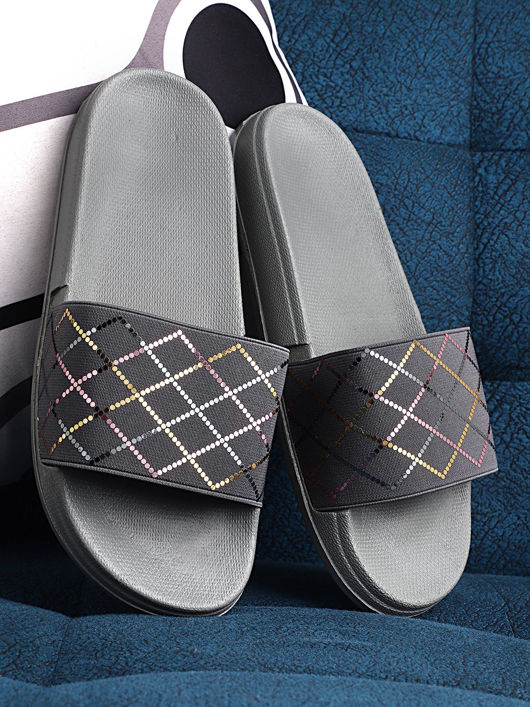 Pampy Angel Women Grey & Gold-Toned Printed Rubber Sliders Price in India