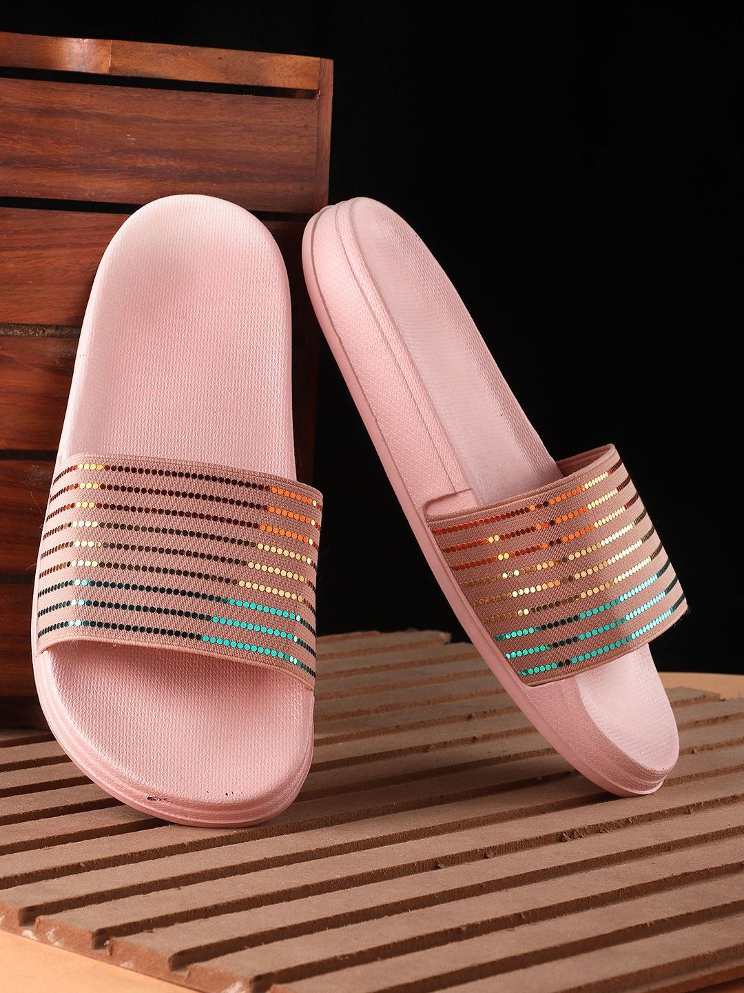 Pampy Angel Women Pink & Green Striped Rubber Sliders Price in India