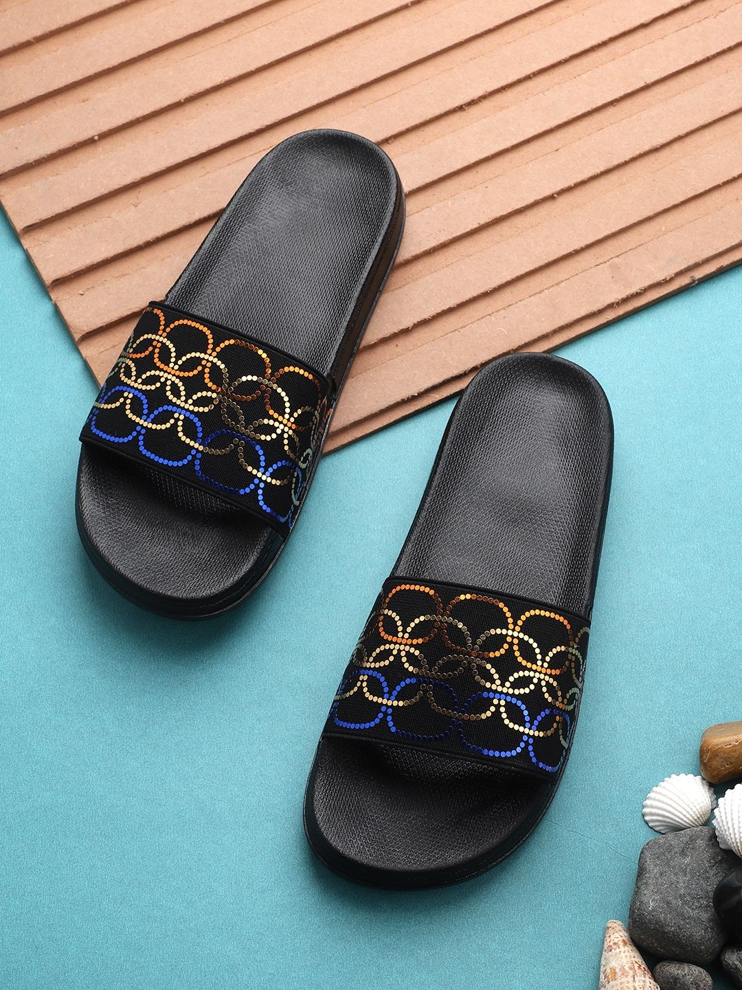 Pampy Angel Women Black Geometric Printed Sliders Price in India