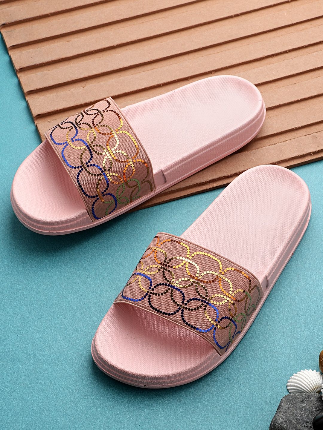 Pampy Angel Women Pink & Blue Printed Rubber Sliders Price in India