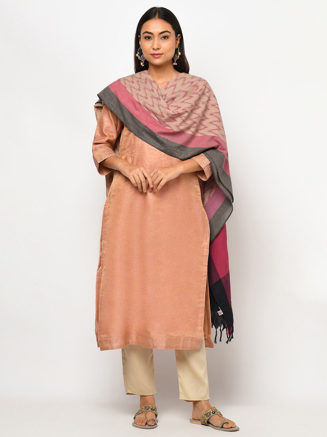 Fabindia Women Maroon & Pink Ikat Printed Pure Cotton Dupatta