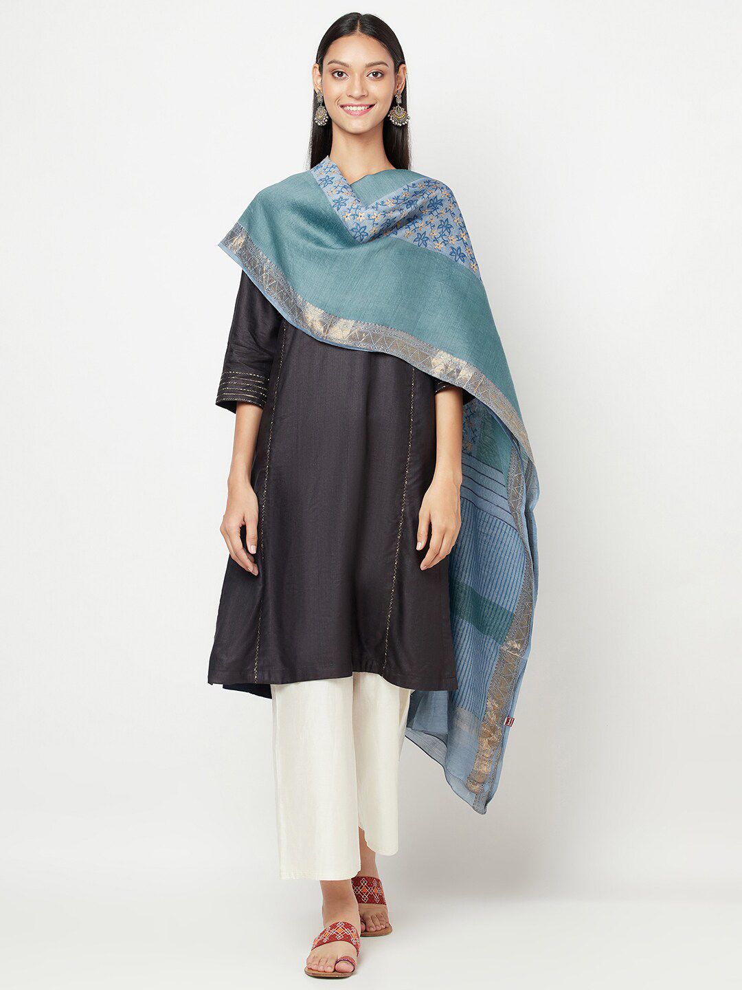 Fabindia Blue & Gold-Toned Printed Cotton Silk Dupatta