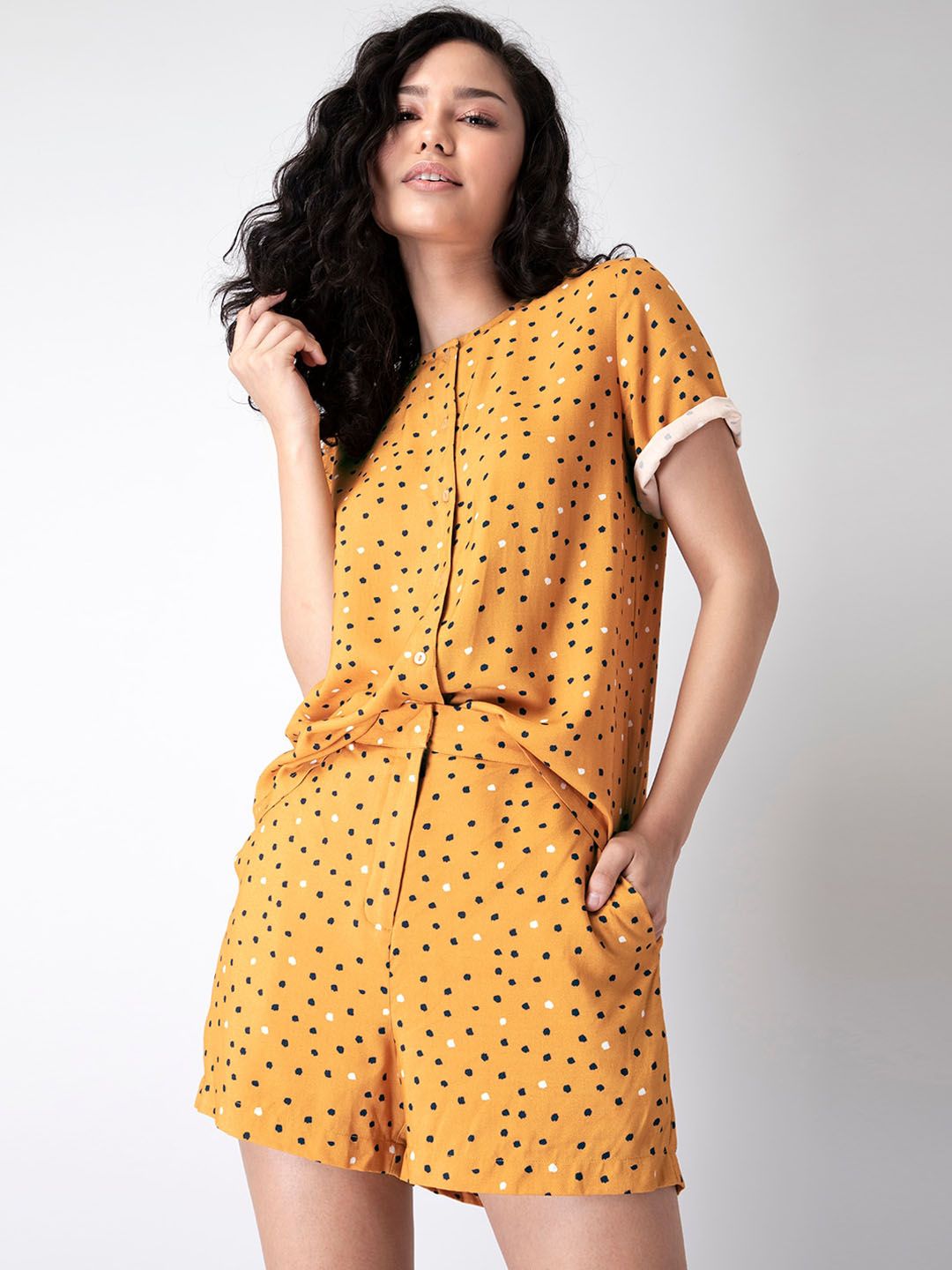 FabAlley Women Yellow & Black Printed Polka Dot Night suit Price in India