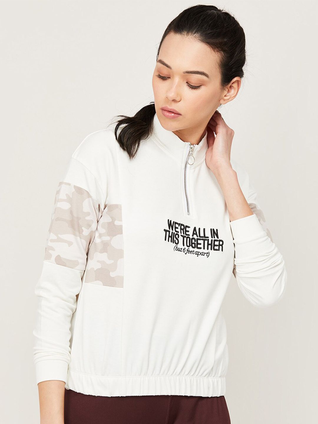 Kappa Women Off White Printed Mock Collar Sweatshirt Price in India