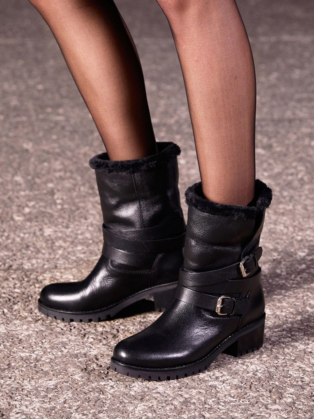 Saint G Women Black Buckle Decorative High Ankle Leather Boots Price in India