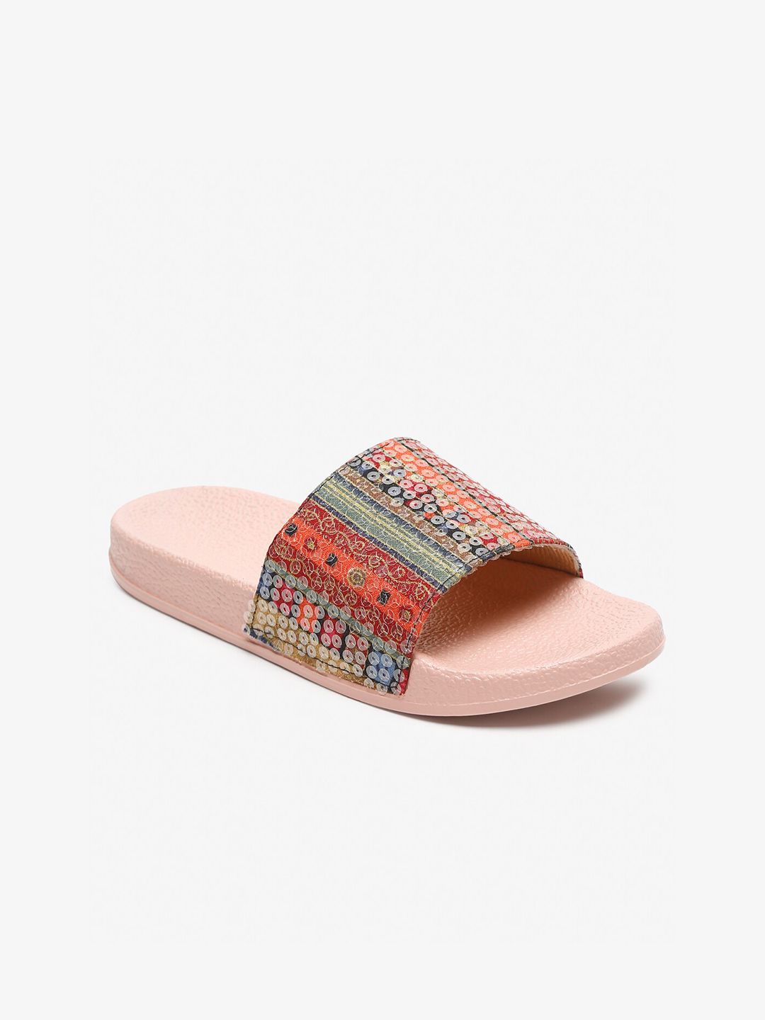 Misto Women Pink & Green Embellished Sliders Price in India